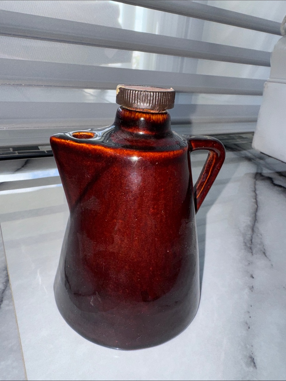 “EMPTY” Vintage Leroux Glossy Brown Ceramic Pitcher with Pour Spout and Handle